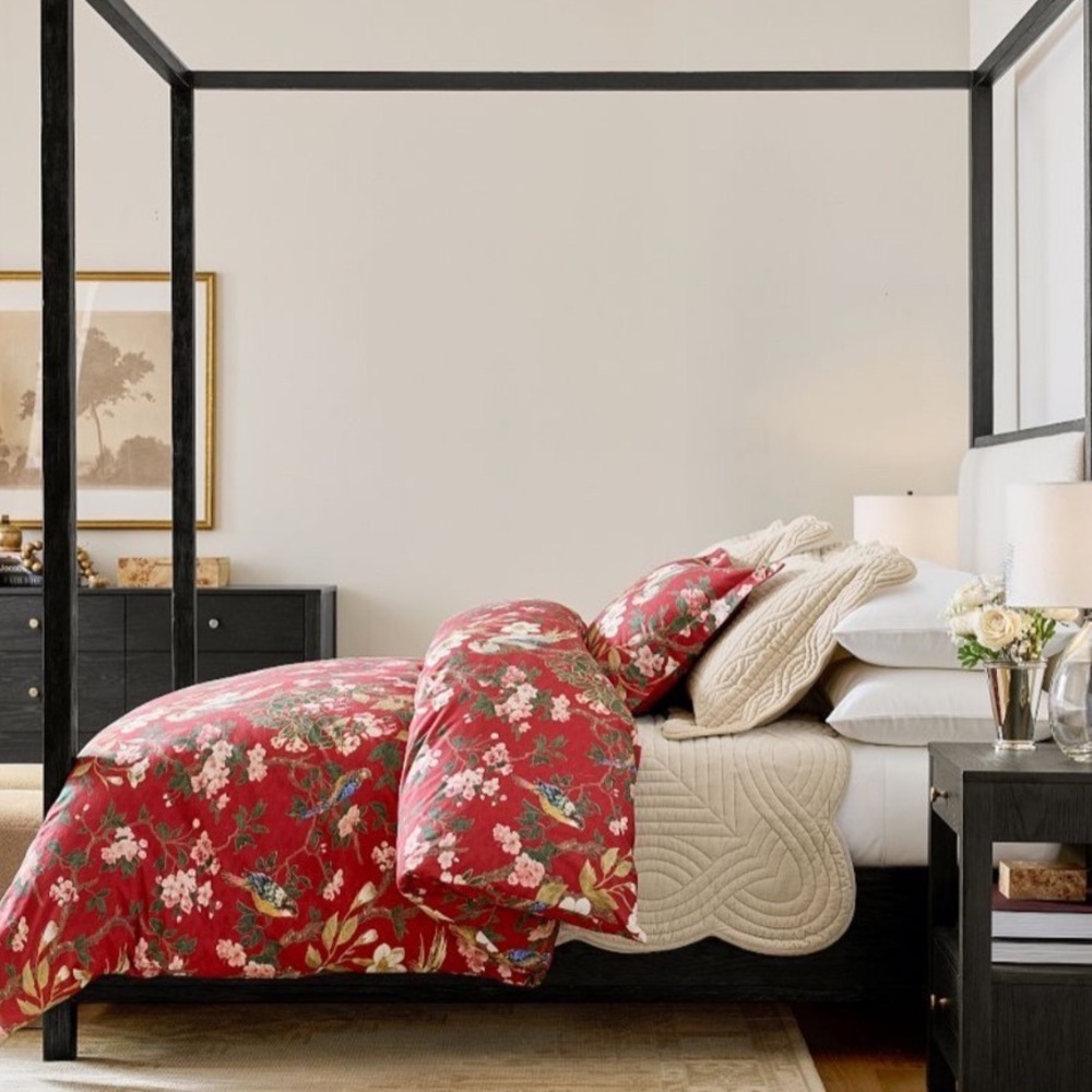 Pottery Barn Red Chinoiserie Bird Floral Duvet Cover $299 Cotton 2026 Bedding